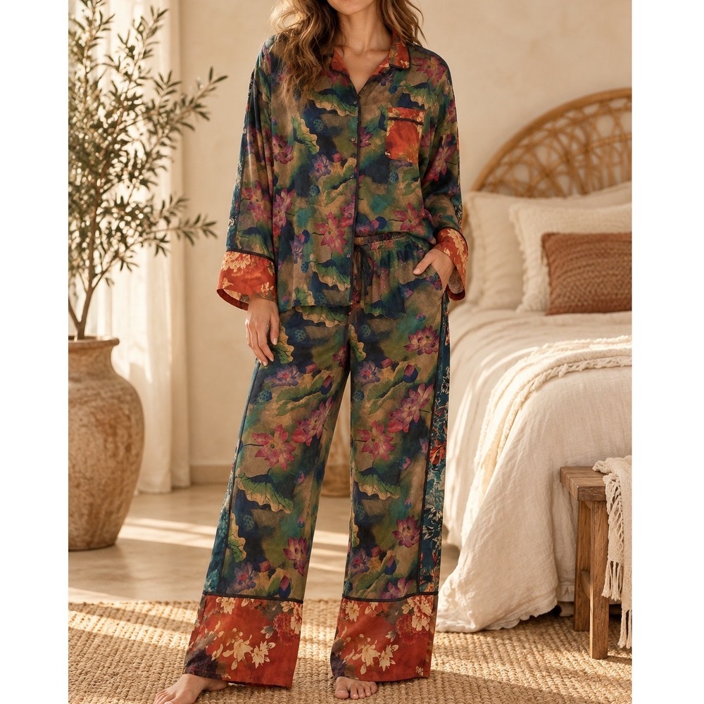 Johnny Was Silk Pajama Set Floral Wide Leg Lounge Set CZ0822-0 Multicolor L